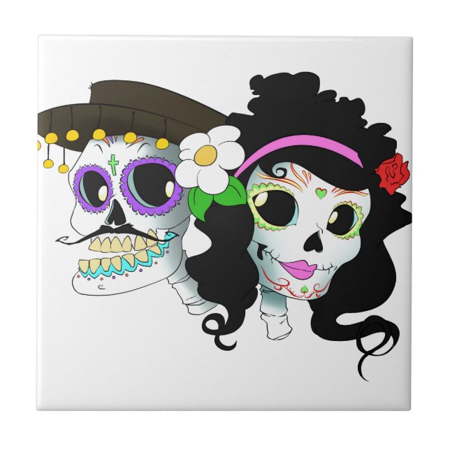 Mexican Festive Skull Couple Tile (Front)