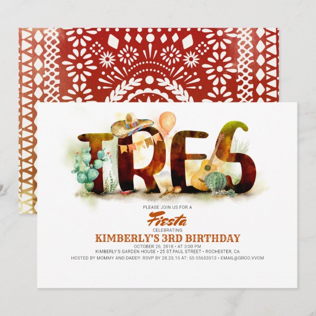 Mexican Fiesta 3nd Birthday Party Invitation TRES (Front/Back)