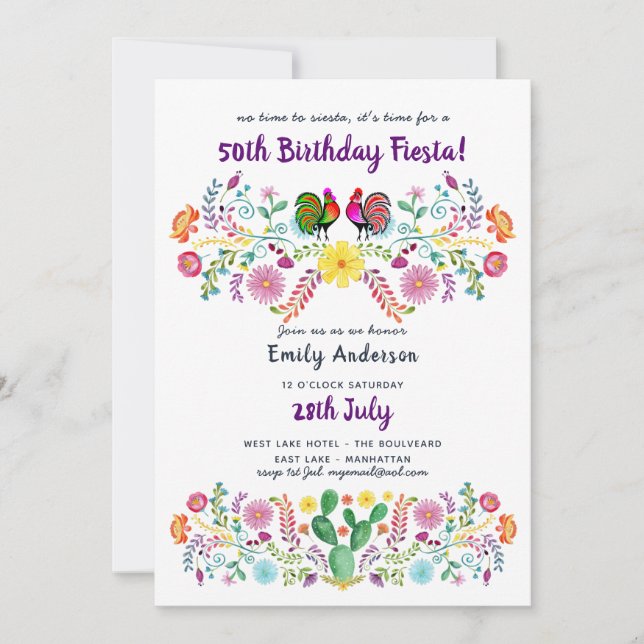 Mexican FIESTA 50th Birthday Invitation Folk Art (Front)