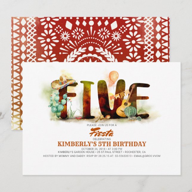 Mexican Fiesta 5th Birthday Party Invitation (Front/Back)