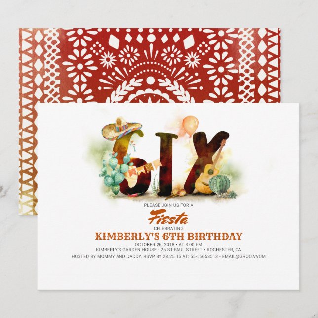 Mexican Fiesta 6th Birthday Party Invitation (Front/Back)