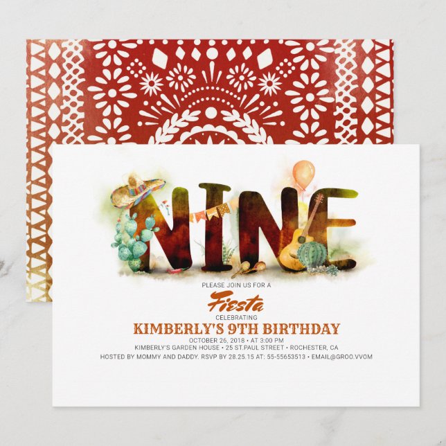 Mexican Fiesta 9th Birthday Party Invitation (Front/Back)