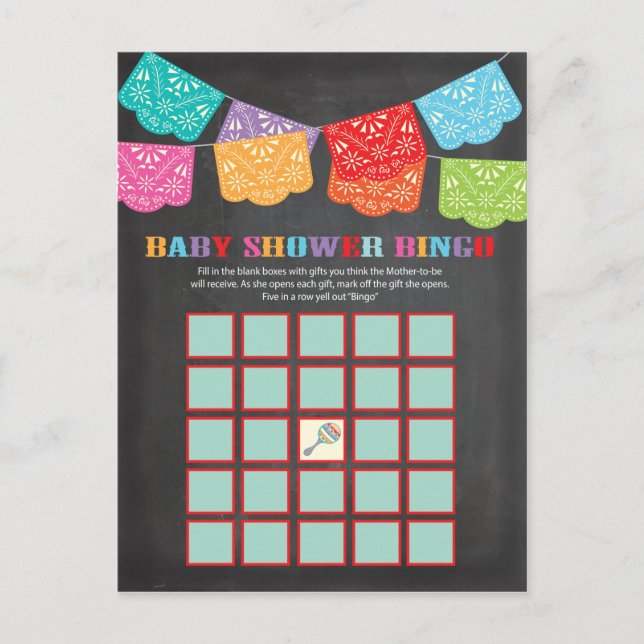 Mexican Fiesta Baby Shower Bingo game card (Front)