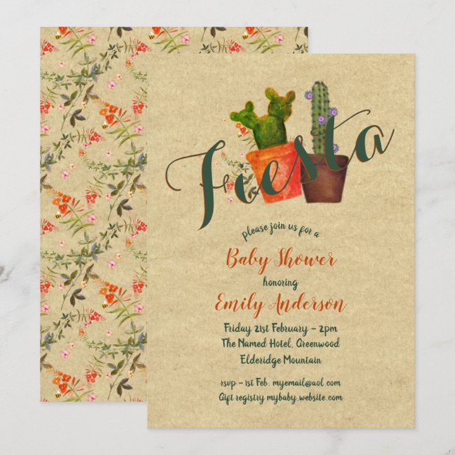 Mexican Fiesta Baby Shower Rustic Cacti Cactus Invitation (Front/Back)