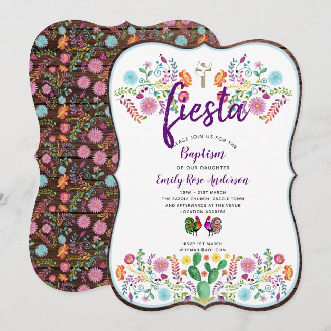Mexican Fiesta Baptism Rustic Folk Flowers Invitation (Front/Back)