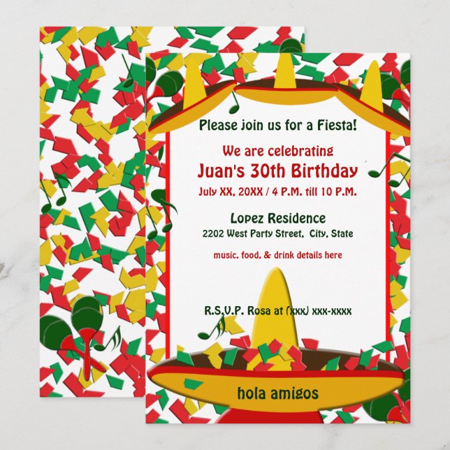Mexican Fiesta Birthday (any occassion) Amigos Invitation (Front/Back)