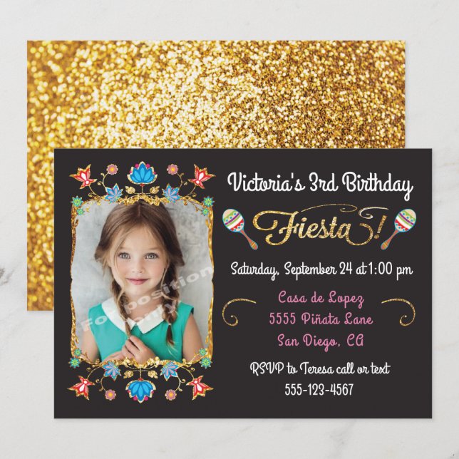 Mexican Fiesta Birthday Party Gold Glitter Photo Invitation (Front/Back)