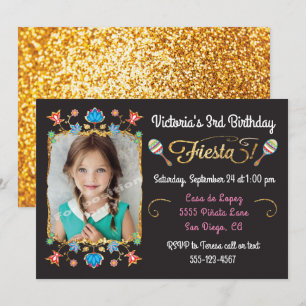 Mexican Fiesta Birthday Party Gold Glitter Photo Invitation
