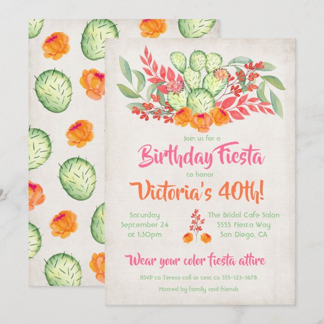 Mexican Fiesta Birthday Party Watercolor Cactus Invitation (Front/Back)