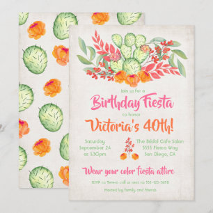 Mexican Fiesta Birthday Party Watercolor Cactus Invitation