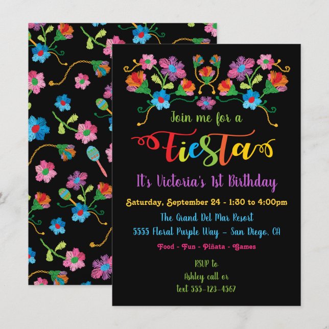 Mexican Fiesta Birthday Party with embroidery Invi Invitation (Front/Back)