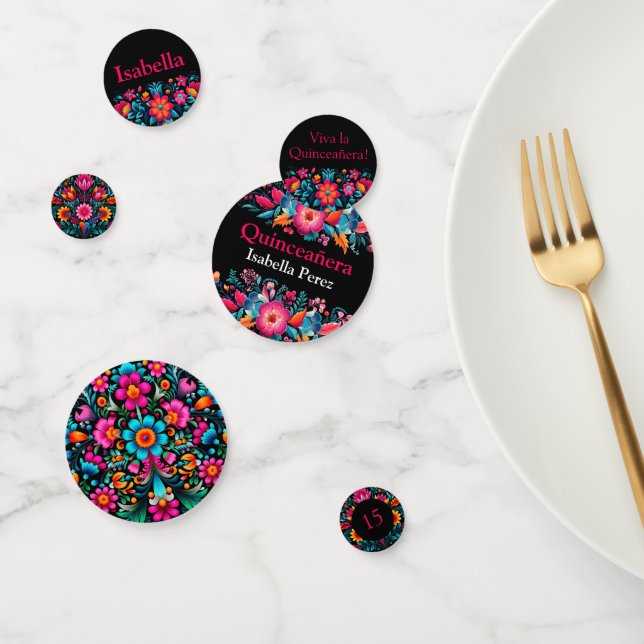 Mexican Fiesta Black Floral Name Quinceanera Confetti (Group)
