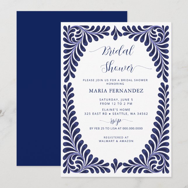 Mexican Fiesta Blue Talavera Bridal Shower Invitation (Front/Back)