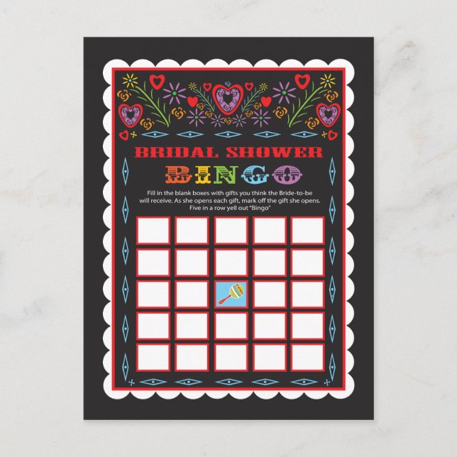 Mexican Fiesta Bridal Shower Bingo game card (Front)