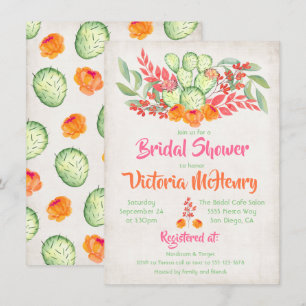 Mexican Fiesta Bridal Shower Watercolor Cactus Invitation
