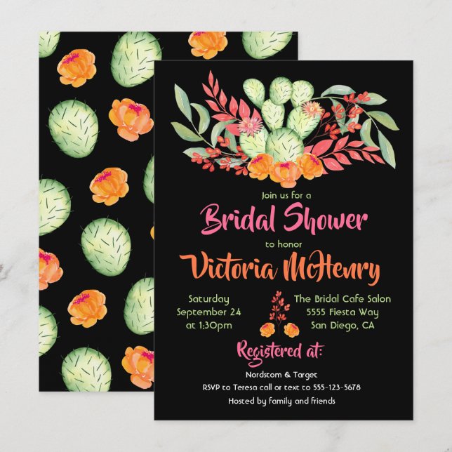 Mexican Fiesta Bridal Shower Watercolor Cactus Invitation (Front/Back)