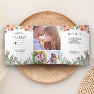 Mexican Fiesta Cactus Floral Photo Collage Wedding Tri-Fold Invitation