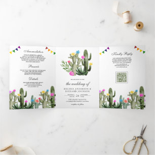 Mexican Fiesta Cactus Floral QR Code Wedding Tri-Fold Invitation