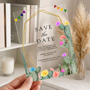 Mexican Fiesta Cactus Floral Wedding Save the Date Acrylic Invitations