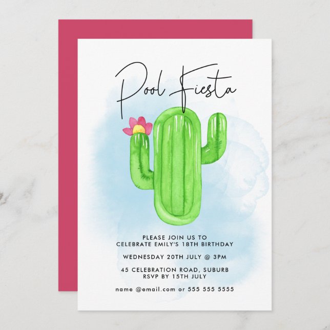 Mexican Fiesta Cactus Pool Party Any Age Birthday Invitation (Front/Back)