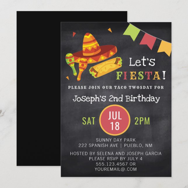 Mexican Fiesta Chalk Taco Twosday 2nd Birthday Invitation (Front/Back)