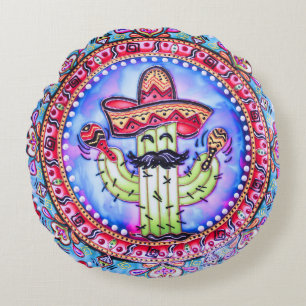 Mexican Fiesta Cinco de Mayo Sombrero Hat Blue Red Round Cushion