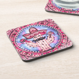 Mexican Fiesta Cinco de Mayo Sombrero Pink Blue Coaster