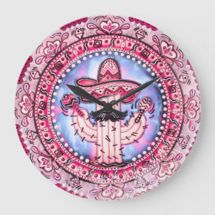 Mexican Fiesta Cinco de Mayo Sombrero Pink Blue Large Clock