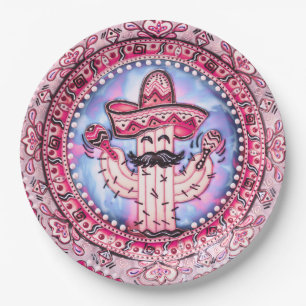 Mexican Fiesta Cinco de Mayo Sombrero Pink Blue Paper Plate