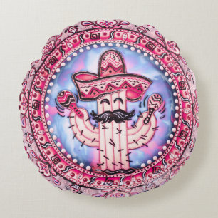 Mexican Fiesta Cinco de Mayo Sombrero Pink Blue Round Cushion