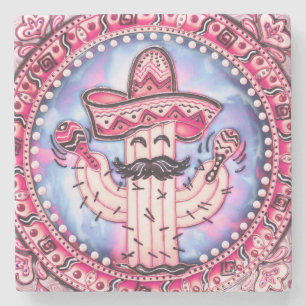 Mexican Fiesta Cinco de Mayo Sombrero Pink Blue Stone Coaster