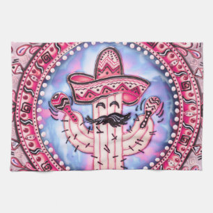 Mexican Fiesta Cinco de Mayo Sombrero Pink Blue Tea Towel