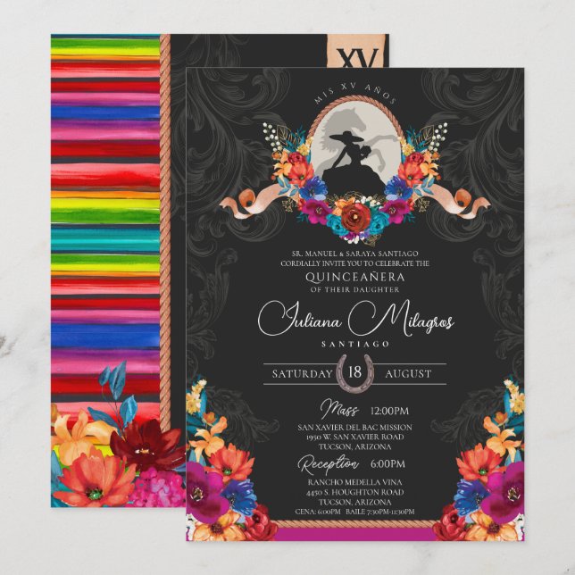Mexican Fiesta Colourful Floral Charro Quinceanera Invitation (Front/Back)
