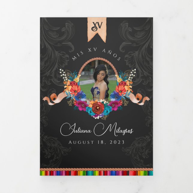 Mexican Fiesta Colourful Floral Charro Quinceañera Tri-Fold Invitation (Cover)