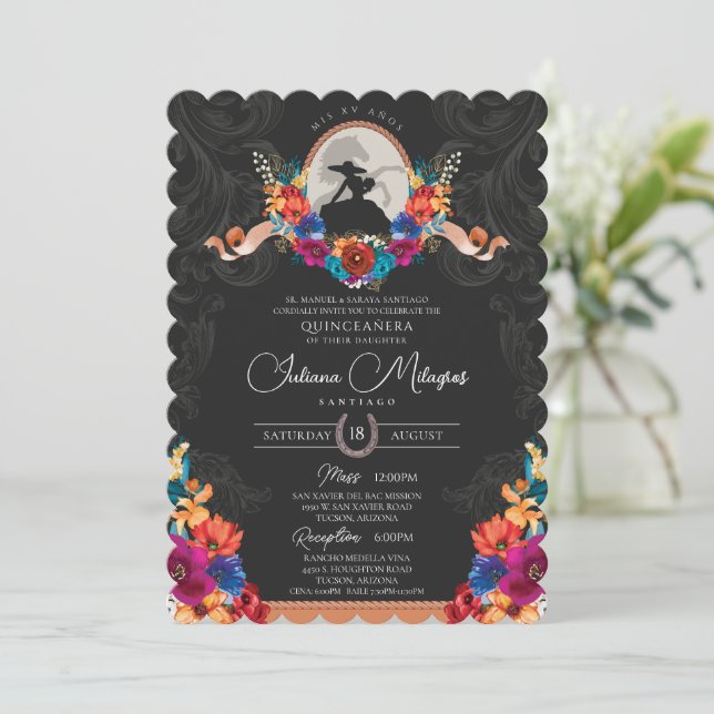 Mexican Fiesta Colourful Floral Western Quinceaner Invitation (Standing Front)