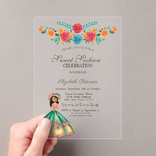 Mexican Fiesta Dress  Flowers Sweet 16  Acrylic Invitations