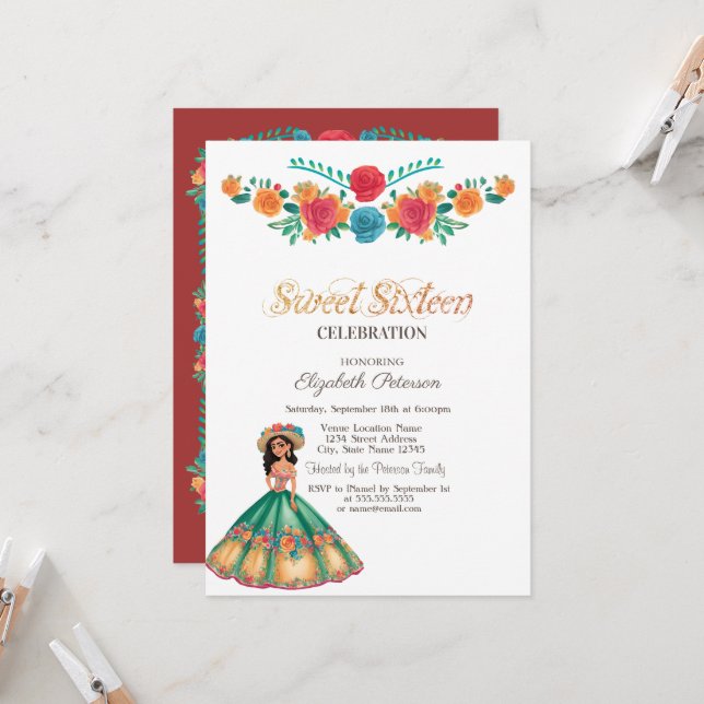 Mexican Fiesta Dress  Flowers Sweet 16  Invitation (Front/Back In Situ)