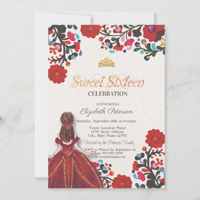 Mexican Fiesta Dress Tiara Flowers Sweet 16  Invitation (Front)
