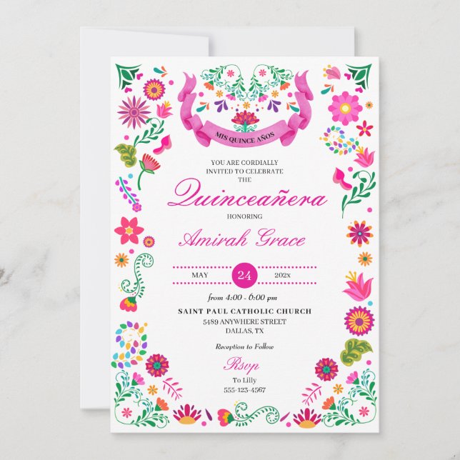 Mexican Fiesta Embroidery Quinceañera Invitation (Front)