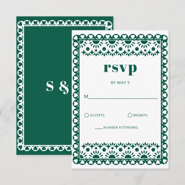 Mexican Fiesta Emerald Papel Picado Boho Wedding RSVP Card (Front/Back)