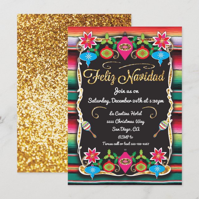 Mexican Fiesta Feliz Navidad Party Gold Glitter Invitation (Front/Back)