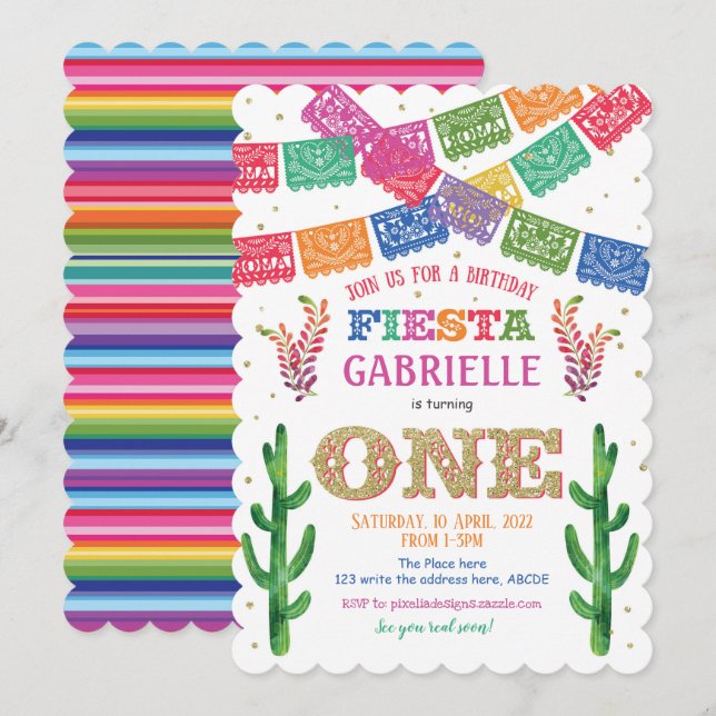 Mexican, Fiesta First Birthday, Girl Birthday Invitation (Front/Back)