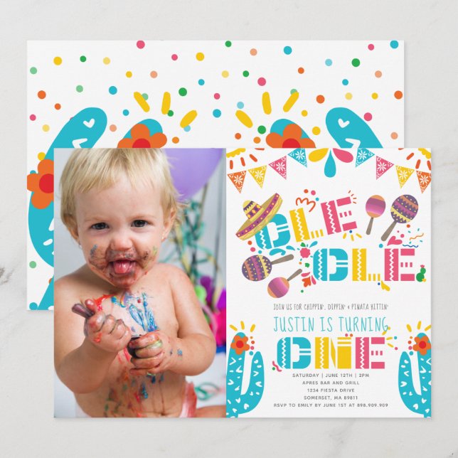 Mexican Fiesta First Birthday Photo Invitation (Front/Back)