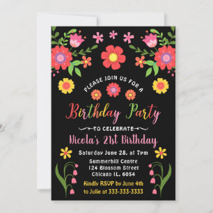 Mexican Fiesta Floral and Black Birthday Party Invitation