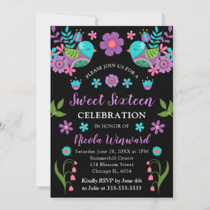Mexican Fiesta Floral and Black Sweet Sixteen Invitation
