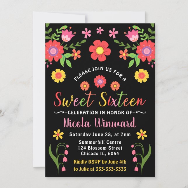 Mexican Fiesta Floral and Black Sweet Sixteen Invitation (Front)