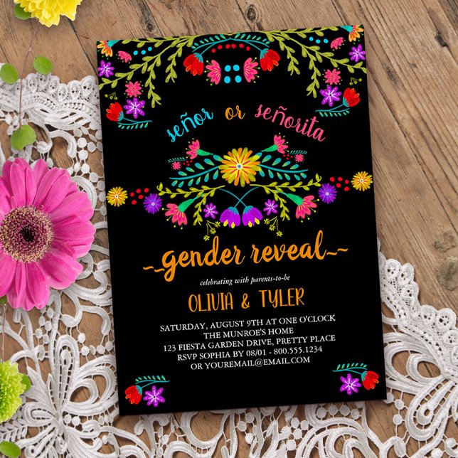Mexican Fiesta Floral Black Colourful Gender Revea Invitation (Gender reveal invitation from my Mexican Fiesta Floral collection
)