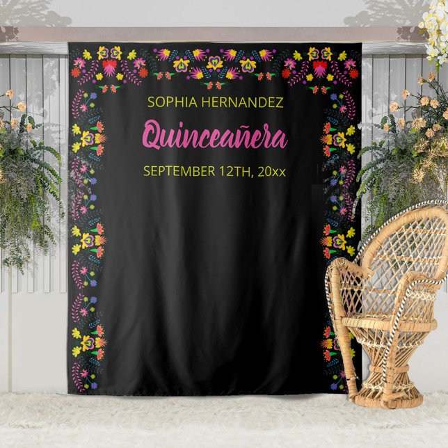 Mexican Fiesta Floral Black Party Photo Backdrop Tapestry (Creator Uploaded)