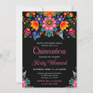 Mexican Fiesta Floral Black Quinceanera Invitation