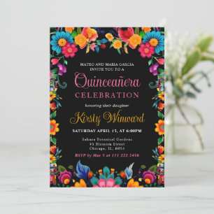 Mexican Fiesta Floral Black Quinceanera Invitation